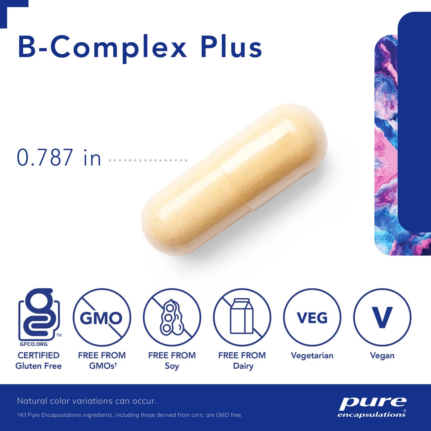 B-Complex Plus supplement capsule with certification icons and product details on a white background Pure encapsulation natvd.com canada