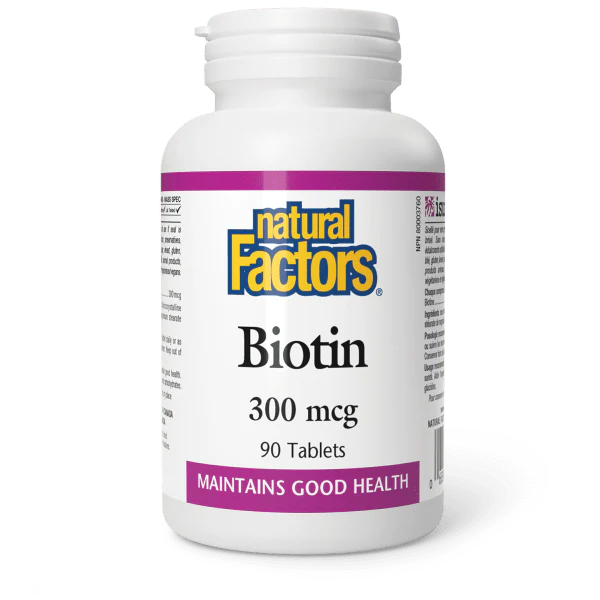 Bottle of Natural Factors Biotin 300 mcg Tablets with 90 tablets inside. Sold by natvd.com Canada