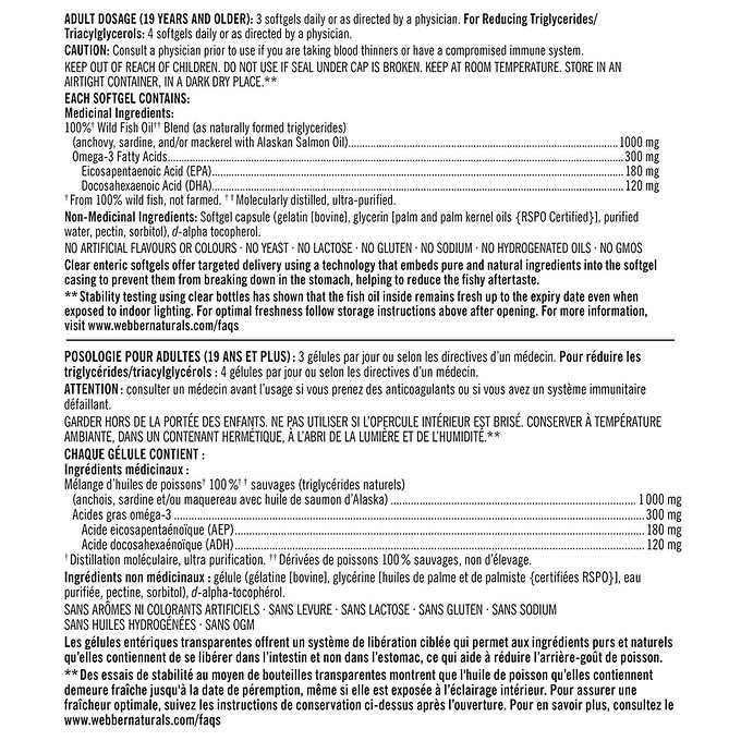 Kirkland Signature Fish Oil Blend with Wild Alaskan Salmon Oil 1000 mg, 180 EPA/ 120 DHA, 400 softgels information Canadian label