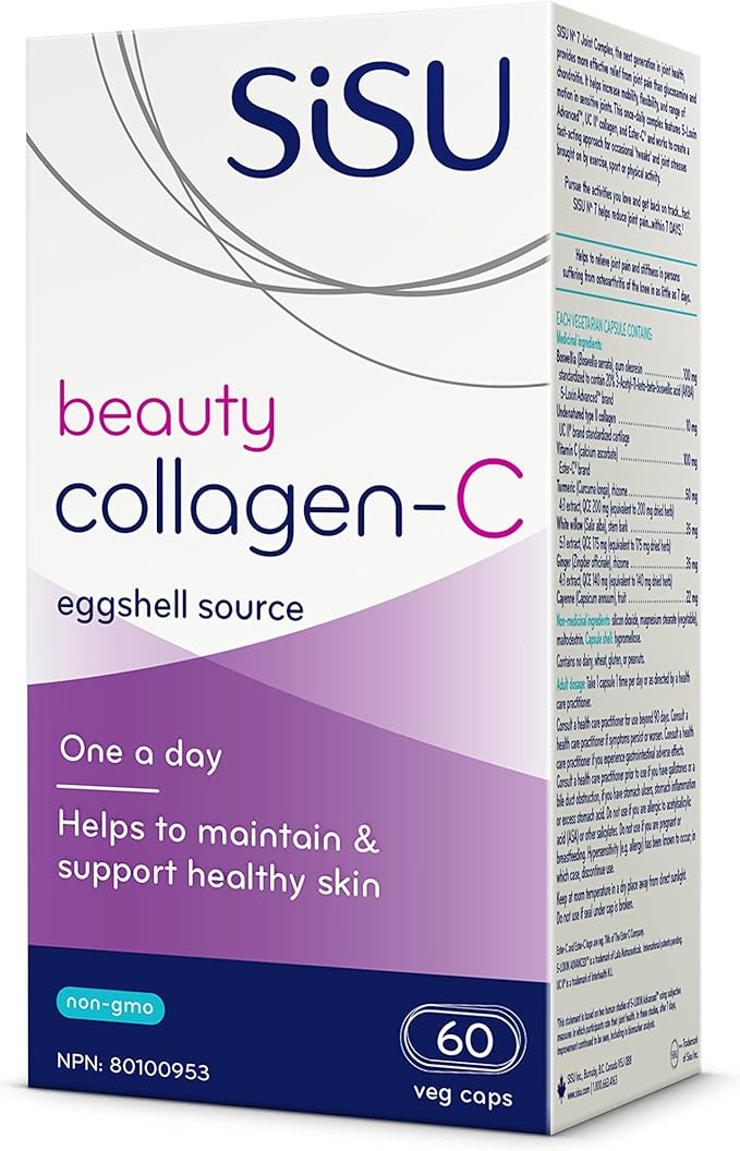 Box of SISU Beauty Collagen-C, 60 Vcaps, with eggshell source, labeled as one a day helps to maintain & support healthy skin.