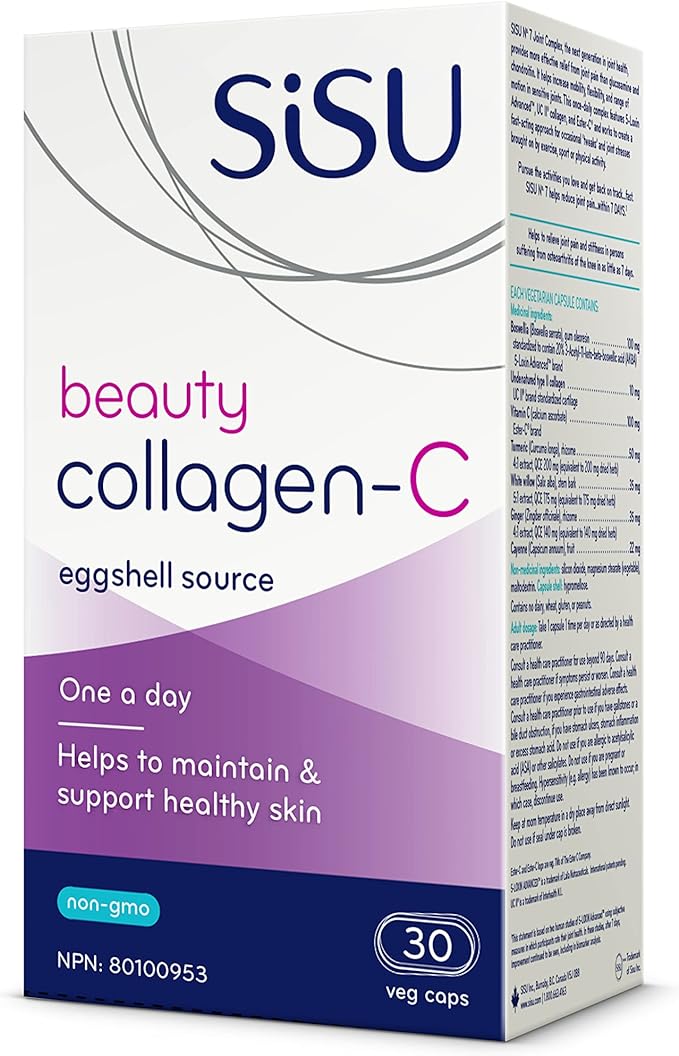 Box of SISU Beauty Collagen-C 30 Vcaps, with key product information and branding displayed.
