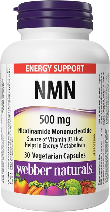 Webber Naturals NMN Supplement white bottle with purple cap. 30 vegetarian capsules Canadian label version natvd