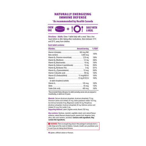 Jamieson 100% Complete Multivitamin for Adults, 80 Chewable facts panel
