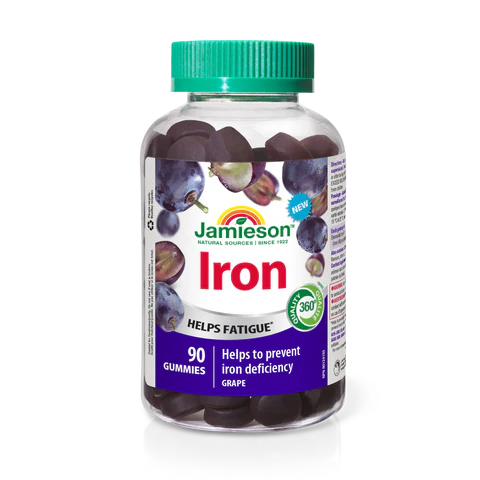 Jar of Jamieson Iron gummies with a green lid on a white background vitamins natvd.com Natural Vitamin Direct Shop Canadian