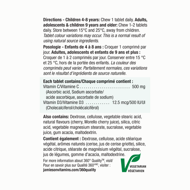 Jamieson Vitamin C 500 mg + D3 500IU, Chewable Cherry 75 tablets