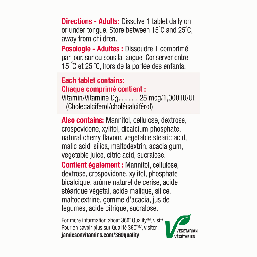 Jamieson Vitamin D3 1000IU sublingual Cherry 150 sublingual tabs