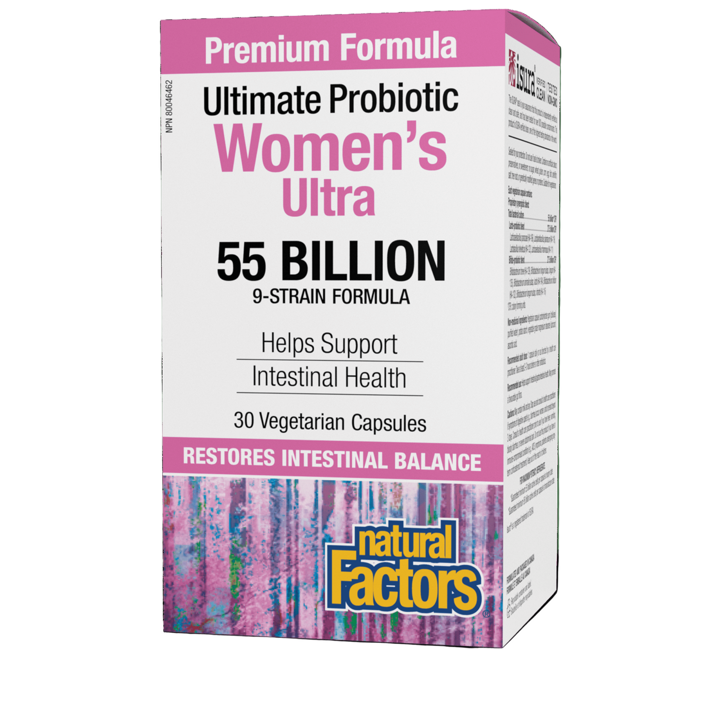 Box of Natural Factors Women's Ultra Probiotic 55 Billion with 30 Vegetarian Capsules, highlighting the benefits for intestinal health. Canadian label available online natvd.com