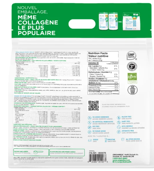 Organika Enhanced Collagen powder, Original, 2kg backside of packaging Canada