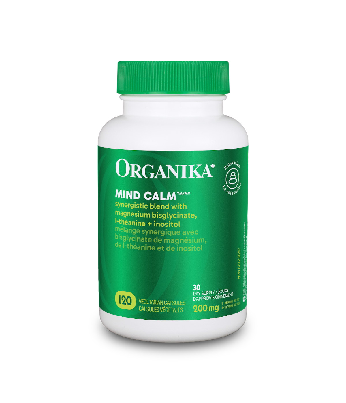 Organika Mind Calm supplement bottle on a white background 120 vegetarian capsules Canadian label version
