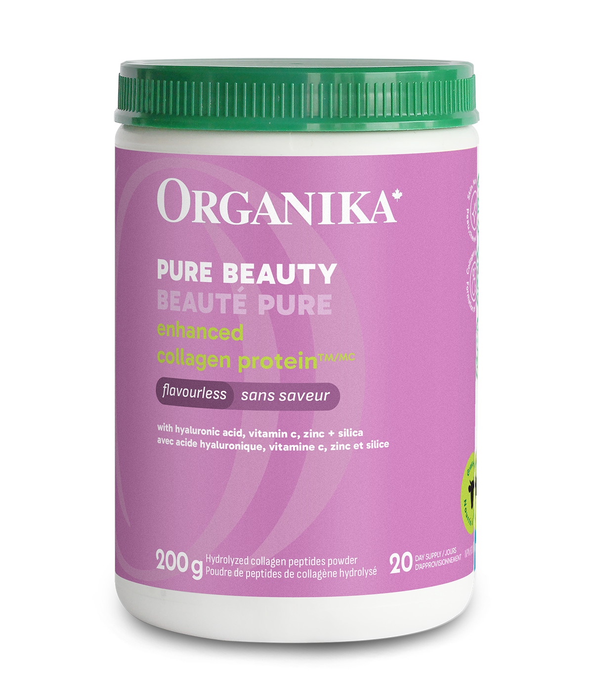 A container of Organika Pure Beauty Enhanced Collagen powder, 200g, with a green lid on a plain background.