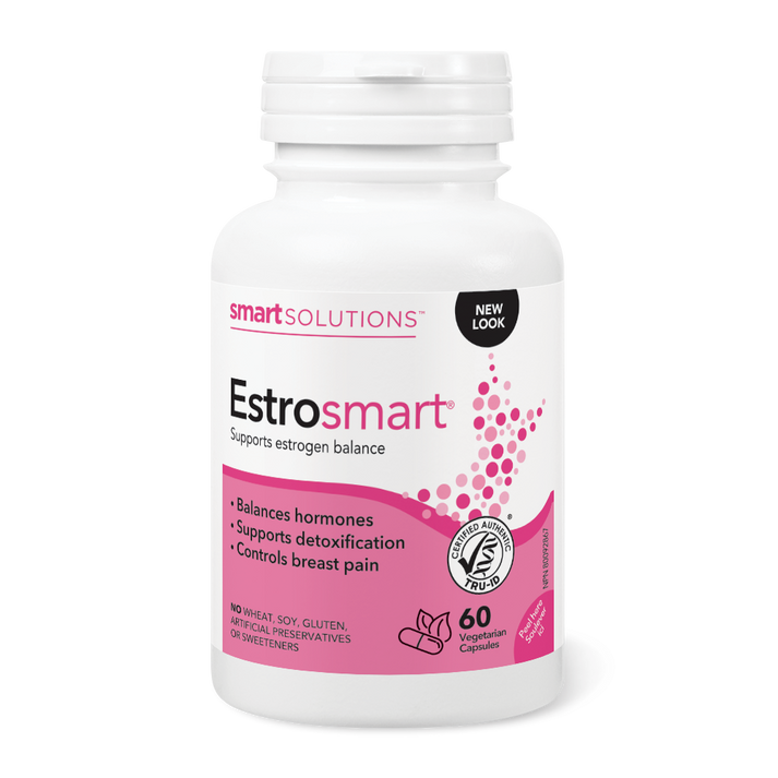 EstroSmart supplement bottle with pink label on a white background