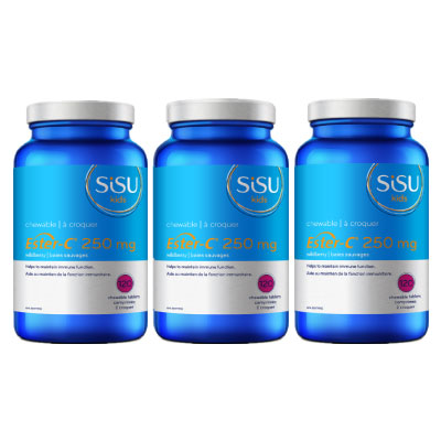 Three blue bottles labeled SISU Kids Ester-C 250 mg with natural orange flavour, containing 120 chewable tablets each.