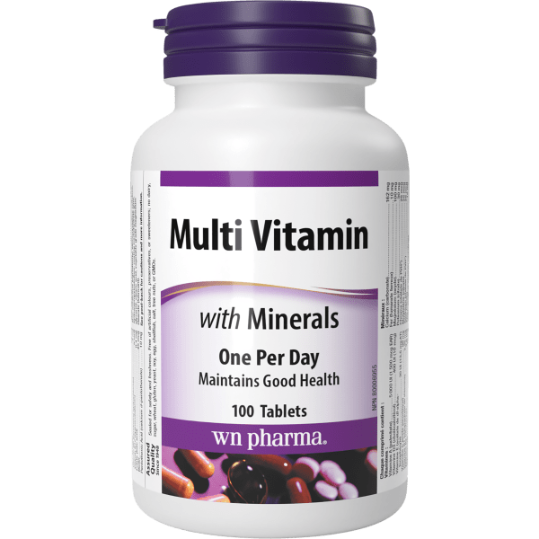 Multivitamin bottle with purple label on a white background natvd.com