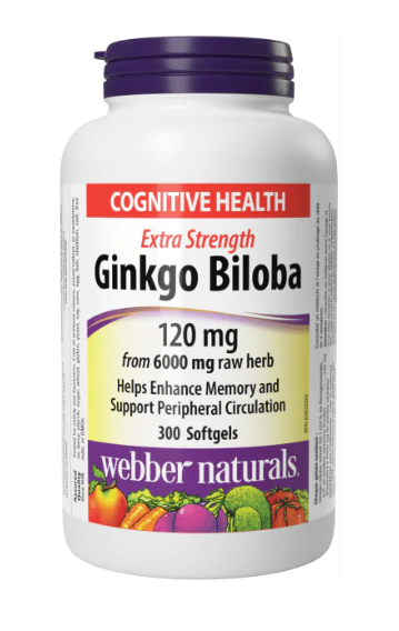 A bottle of Webber Naturals Ginkgo Biloba softgels with extra strength 50:1 extract, 120mg, with a label showing 300 softgels.