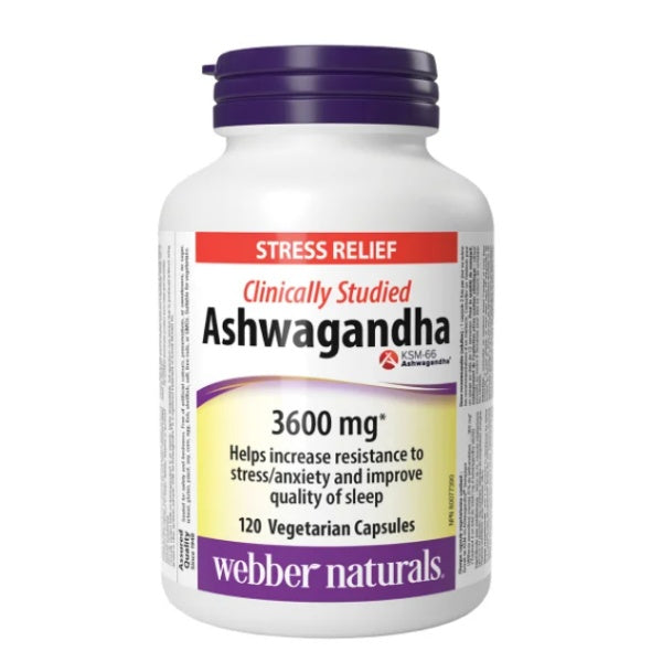 Webber Naturals Ashwagandha supplement bottle on a white background 120 vegetarian capsules Canadian label