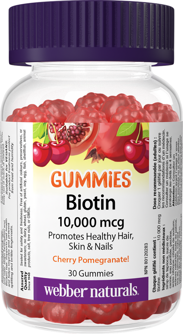 Webber Naturals Biotin Gummies ,10,000 mcg Cherry Pomegranate, 30 Gummies