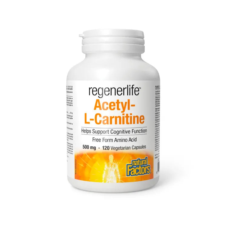 Regenerlife Acetyl-L-Carnitine supplement bottle on a white background Canadian label available online natvd.com