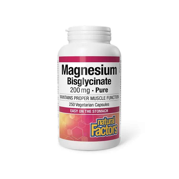 Bottle of Magnesium Bisglycinate supplement with 'Natural Factors' branding on a white background