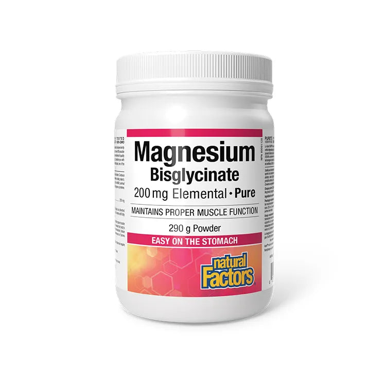 Container of Magnesium Bisglycinate supplement by Natural Factors on a white background