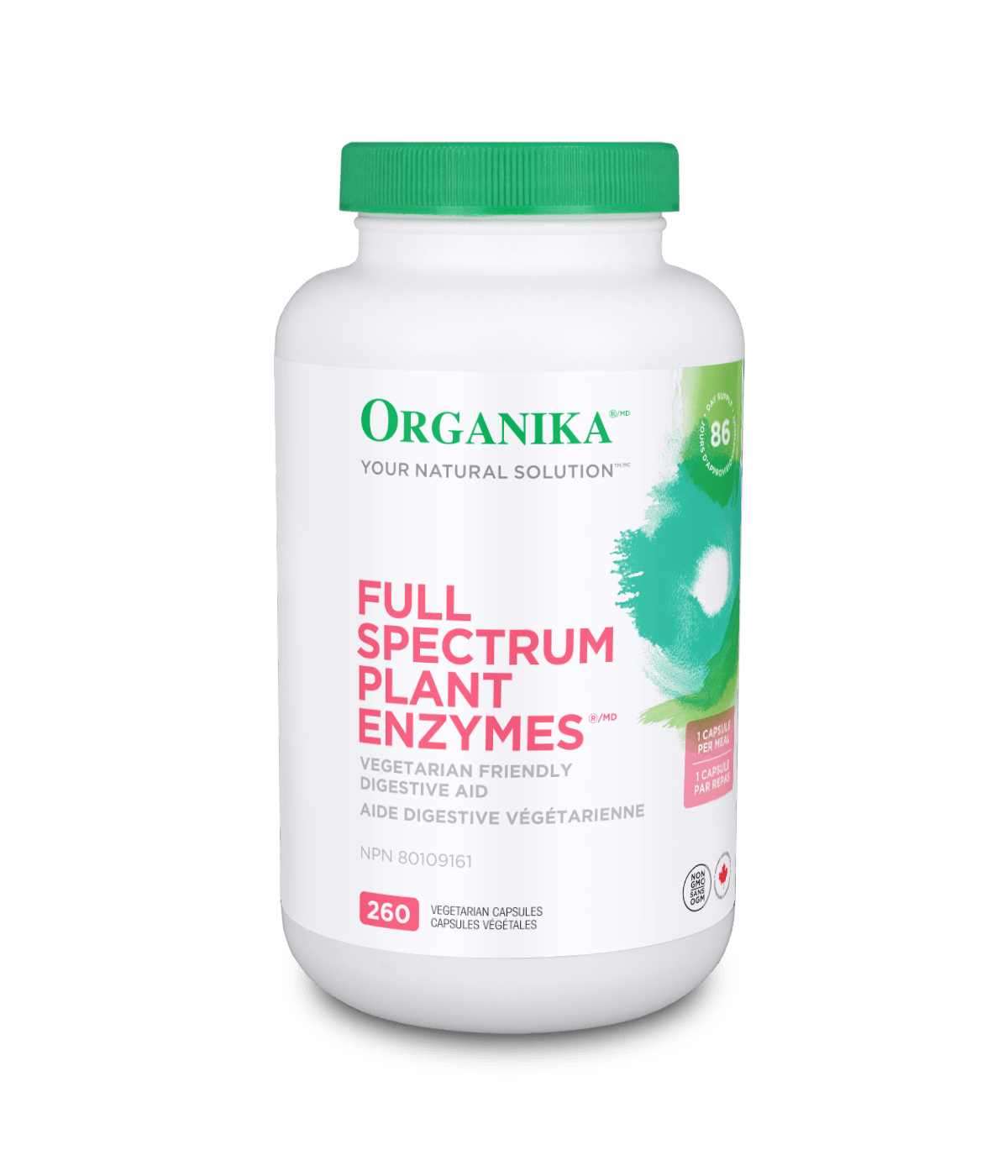 Organika Full Spectrum Plant Enzymes supplement bottle on a gray background