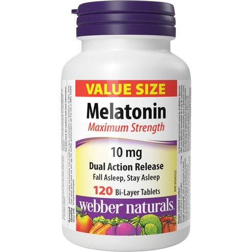 A bottle of Webber Naturals Melatonin Maximum Strength 10 mg Dual Action Release with 120 Bi-Layer Tablets.