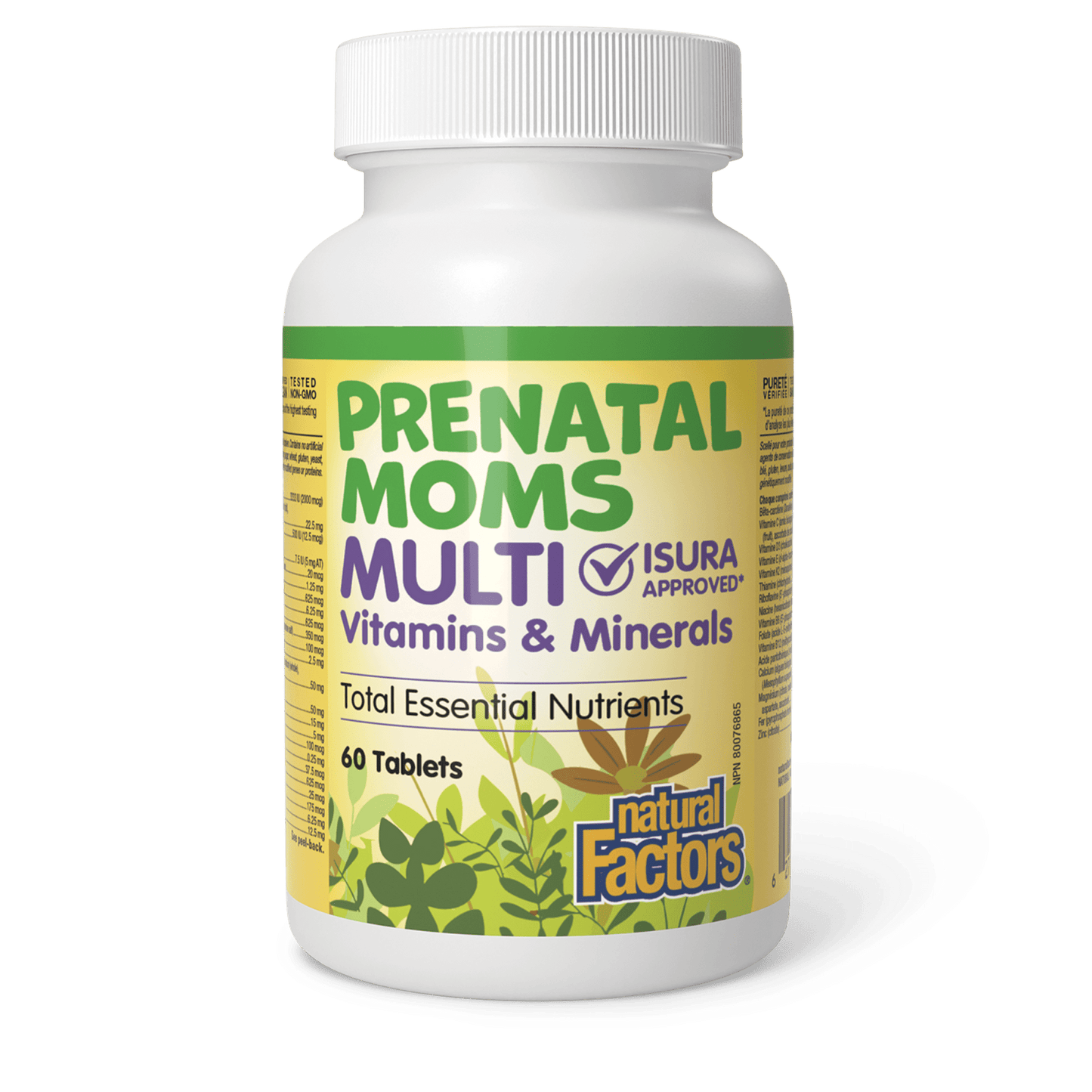A bottle of Natural Factors Prenatal Moms Multi Vitamins & Minerals with 60 tablets. The label shows various vitamins and minerals, and mentions that it includes total essential nutrients.