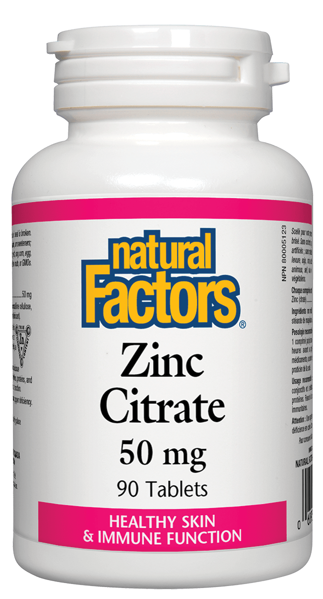 A bottle of Natural Factors Zinc Citrate, 50 mg, with 90 tablets for immune support and skin health.