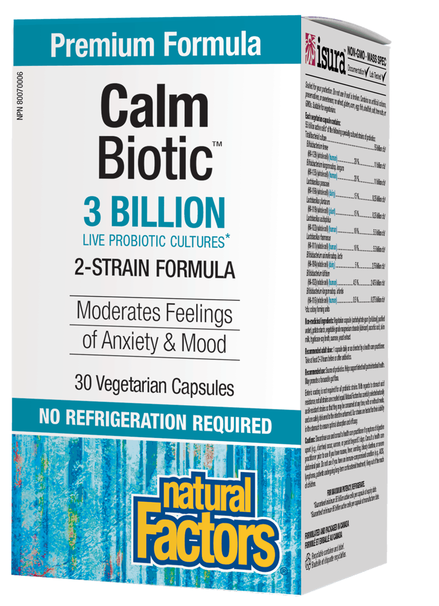 A box of Natural Factors Calm Biotic capsules, with 3 billion active cells, 30 vegetarian capsules, no refrigeration required.