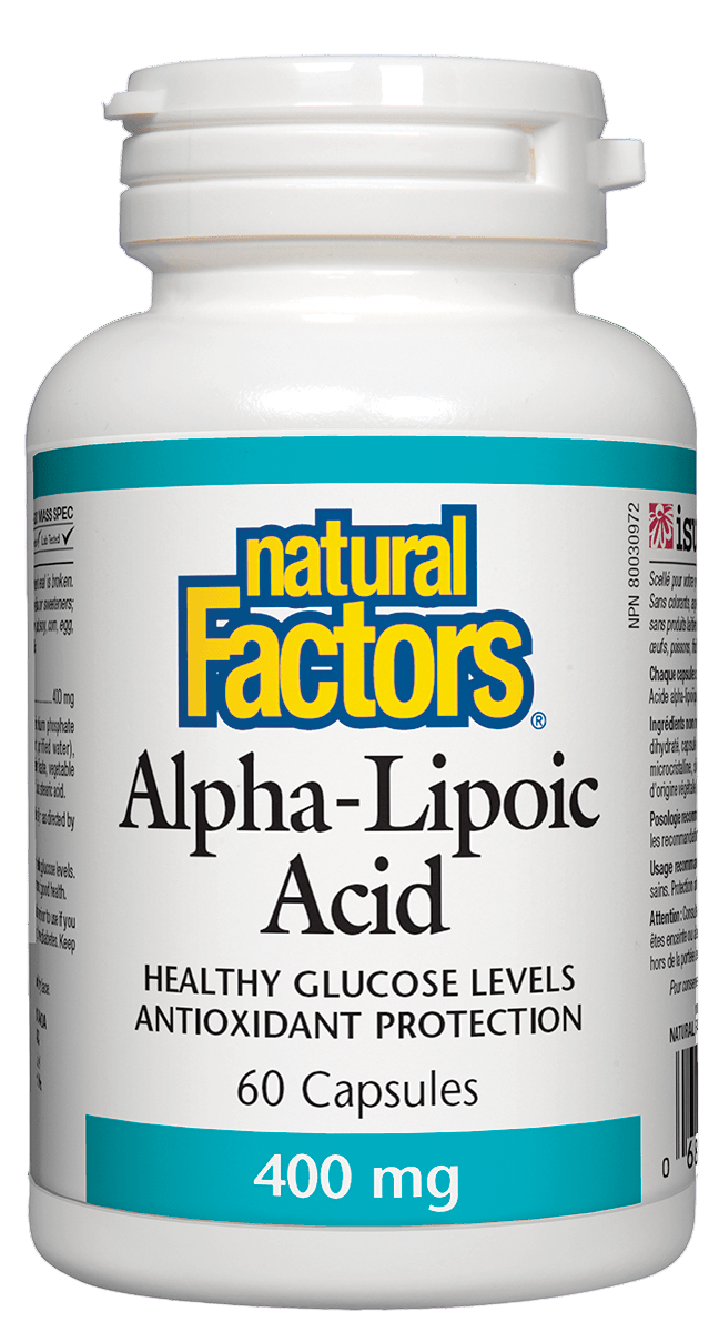 Bottle of Natural Factors Alpha-Lipoic Acid supplement sold by natvd.com Canada