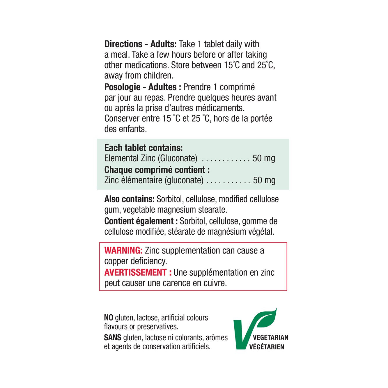 Jamieson Zinc 50mg, 100 tablets ingredients