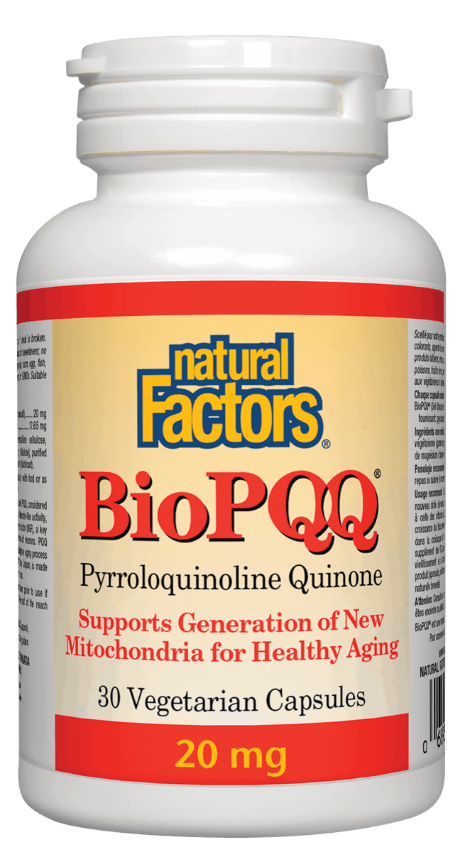 A bottle of Natural Factors BioPQQ Pyrroloquinoline Quinone, with 20 mg of the supplement per capsule. The label indicates it contains 30 vegetarian capsules and highlights its use for supporting general health and aging.