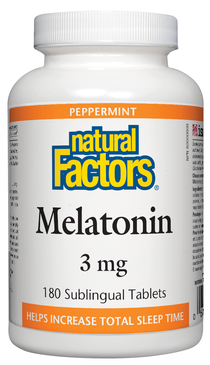 A bottle of Natural Factors Melatonin 3 mg sublingual tablets with 180 tabs, in peppermint flavor.