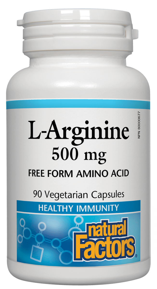 A bottle of Natural Factors L-Arginine supplement with 500mg dosage and 90 vegetarian capsules.