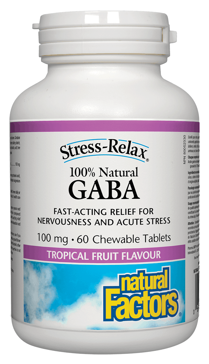 A bottle of Natural Factors Stress-Relax 100% Natural GABA with 60 chewable tablets in tropical fruit flavor.
