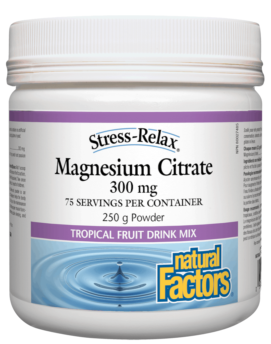 A container of Natural Factors Stress-Relax Magnesium Citrate powder in Tropical Fruit flavor, with 300 mg of magnesium per scoop, 250 g powder, and 75 servings.