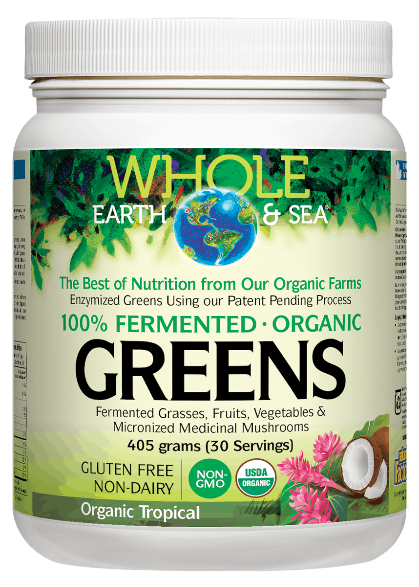 Container of Natural Factors Whole Earth & Sea Fermented Greens, highlighting organic ingredients, gluten-free attribute, and a serving suggestion of '30 servings'.