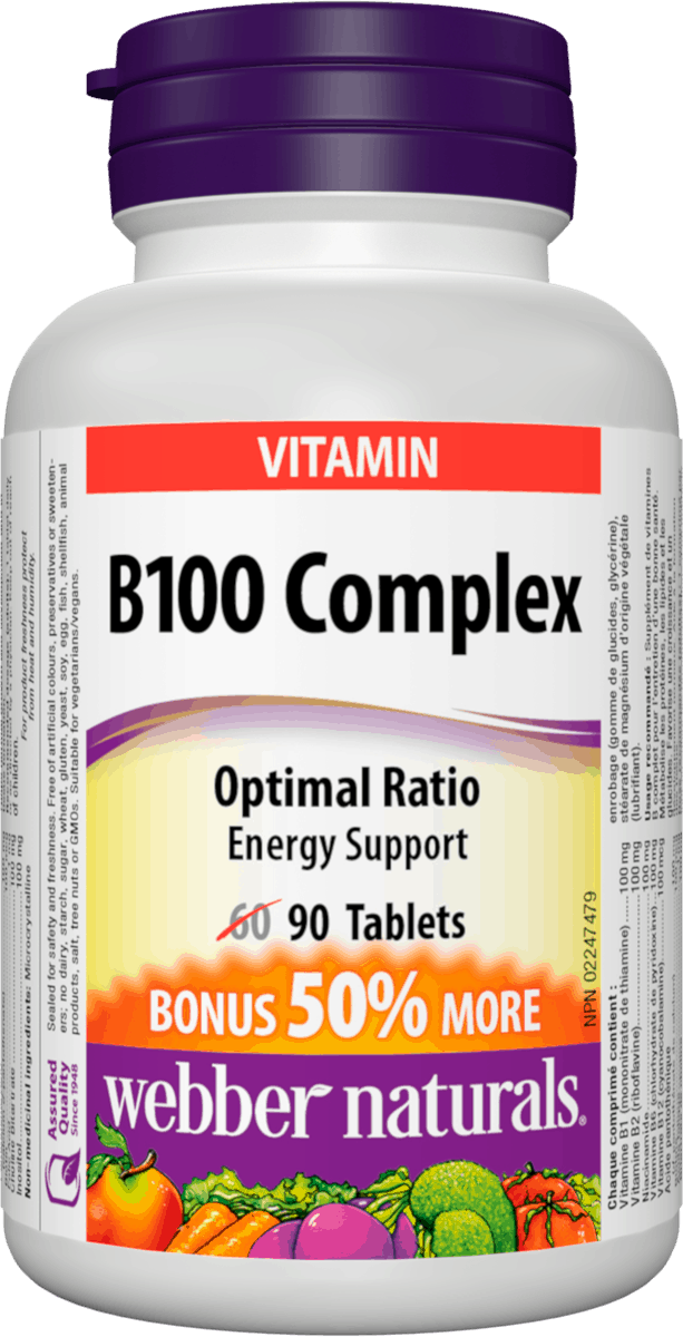 Bottle of Webber Naturals B100 Complex vitamin supplements with 90 tablets, in packaging with purple and orange label.