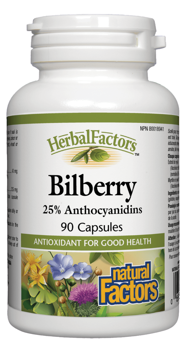 A bottle of HerbalFactors Bilberry supplement with 25% anthocyanidins, containing 90 capsules for antioxidant health. natural vitamin direct inc a Canadian vitamin shop since 1997