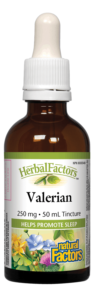 A bottle of Natural Factors Valerian tincture, 250mg, 50ml, with a dropper. The label has a floral design and indicates the product is used to promote sleep and relieve stress.