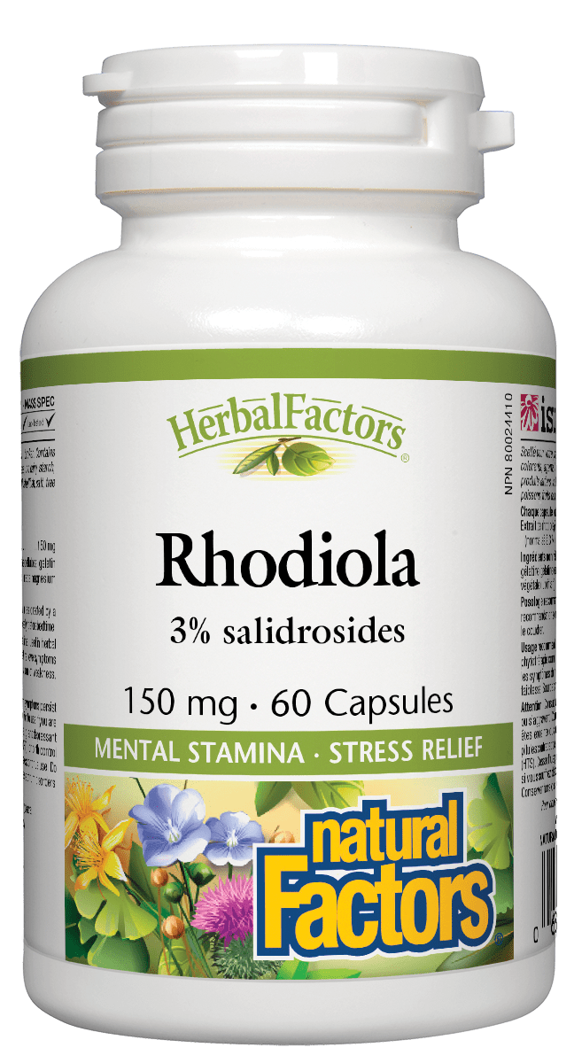 Bottle of Natural Factors Rhodiola Extract with 60 capsules, indicating 3% salidrosides per capsule and a dosage of 150 mg per capsule.