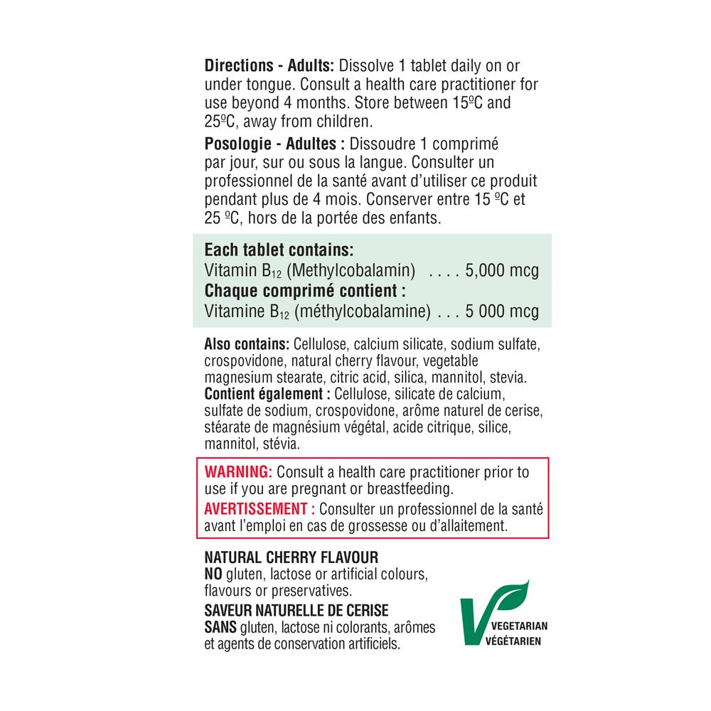 Jamieson B12 5000 mcg 45 Sublingual tablets 健美生 ingredients