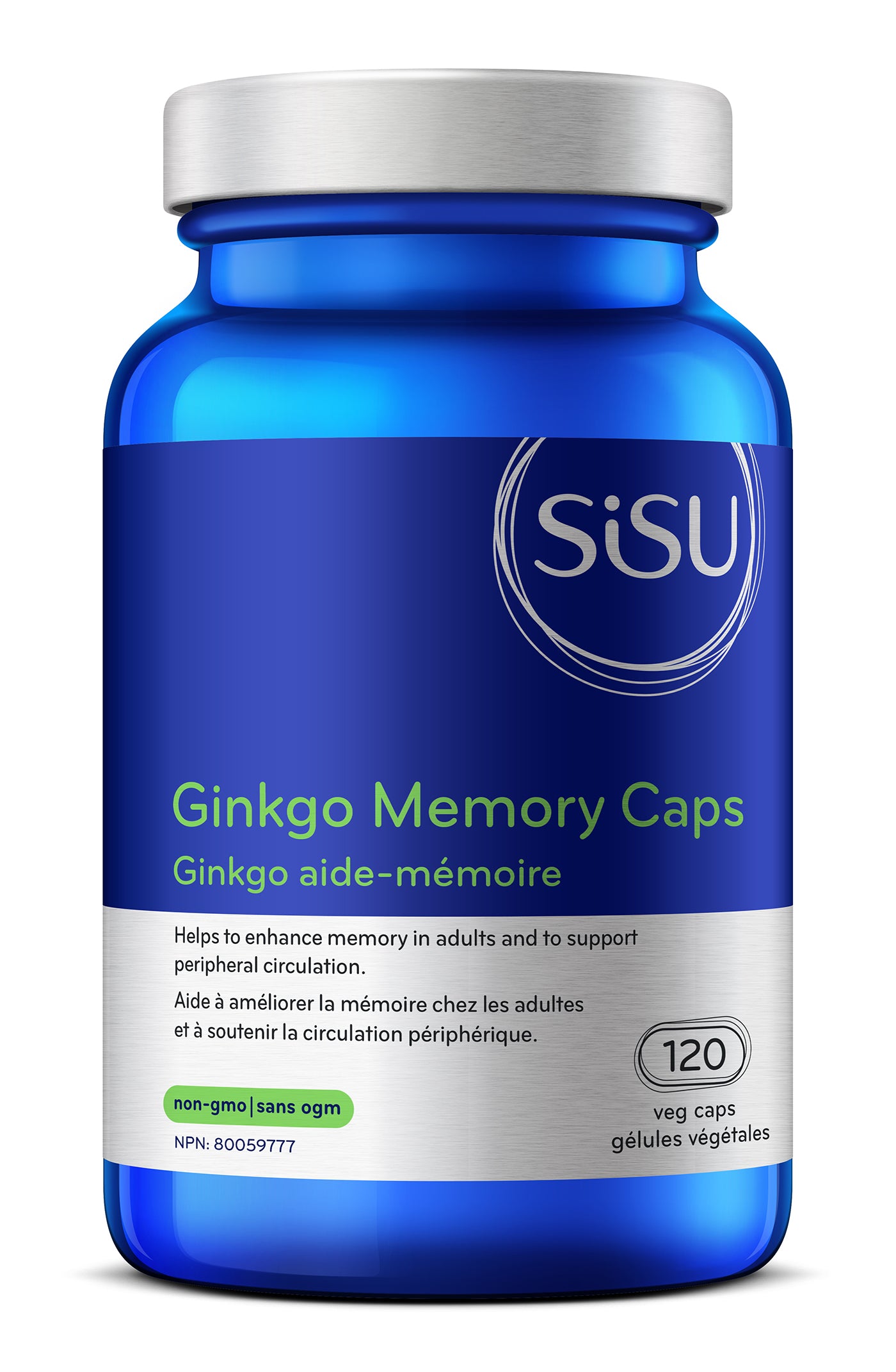 A blue bottle of Sisu Ginkgo Memory Caps, with the label showing the product name and a brief description, along with the vegan and no-drug interactions labels.