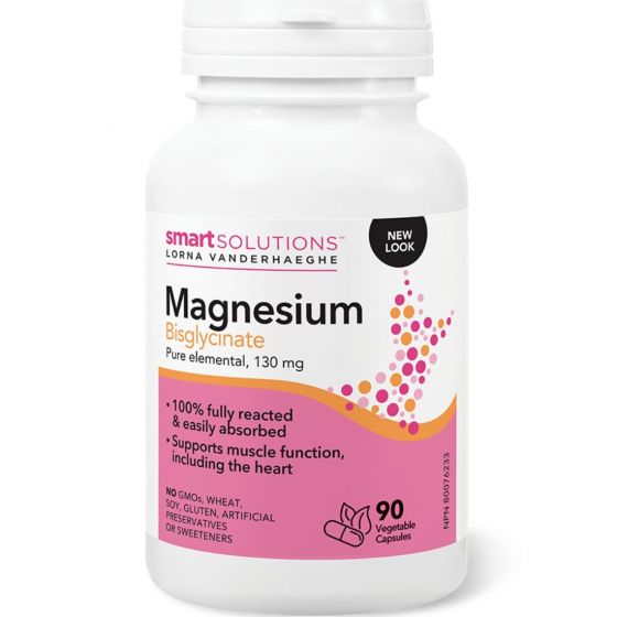 A bottle of Lorna Vanderhaeghe Pure Magnesium Bisglycinate with 90 vegicaps. The label is white with pink and orange accents and includes the brand name, product name, and additional benefits.