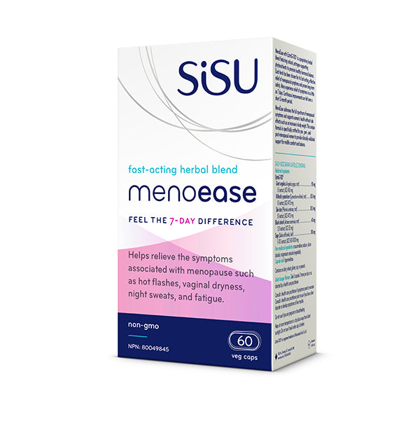 A box of SISU MenoEase with EstroG-100, containing 60 vegicaps, for menopausal symptoms.