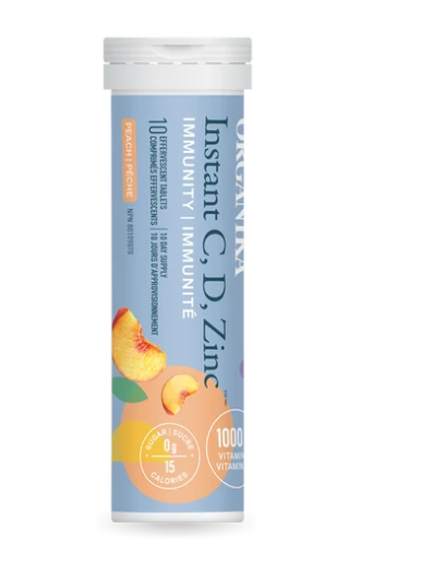 优格康 Organika Instant C, D, Zinc Immunity Effervescent - Peach, 10 tablets tube Canada
