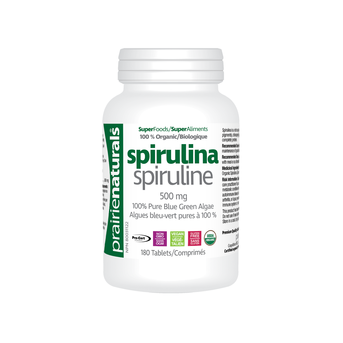 Prairie Naturals Organic Spirulina 500mg 180 tablets