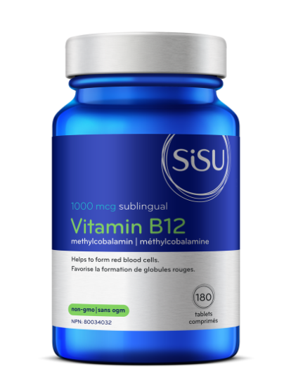 A blue bottle of SISU Vitamin B12 1000 mcg Methylcobalamin sublingual tablets with 180 tabs. The label indicates that it helps form red blood cells and regulates homocysteine.