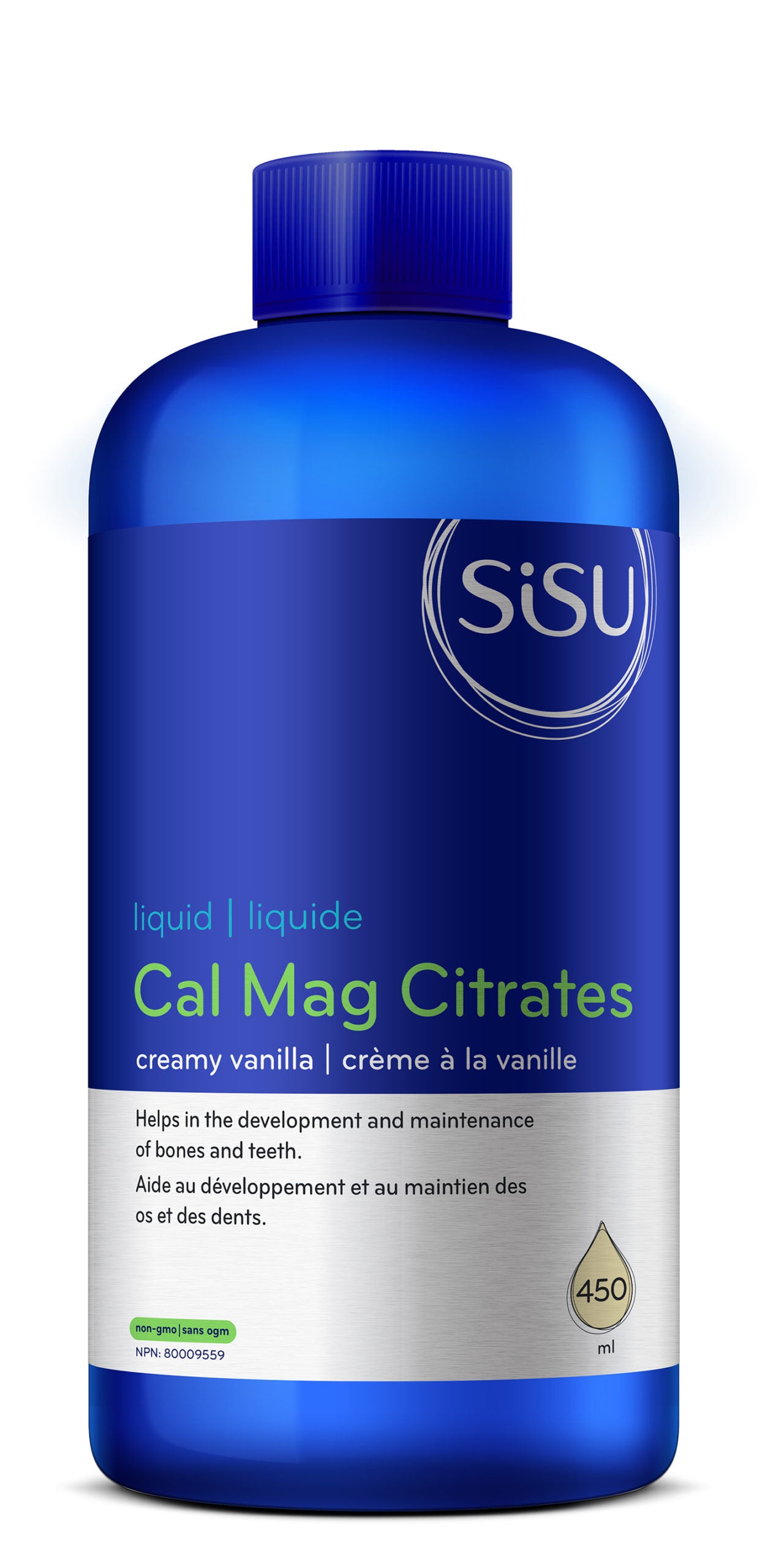 Bottle of SISU Liquid Calcium Magnesium Citrates in vanilla flavor, 450ml, with a blue label and white text.