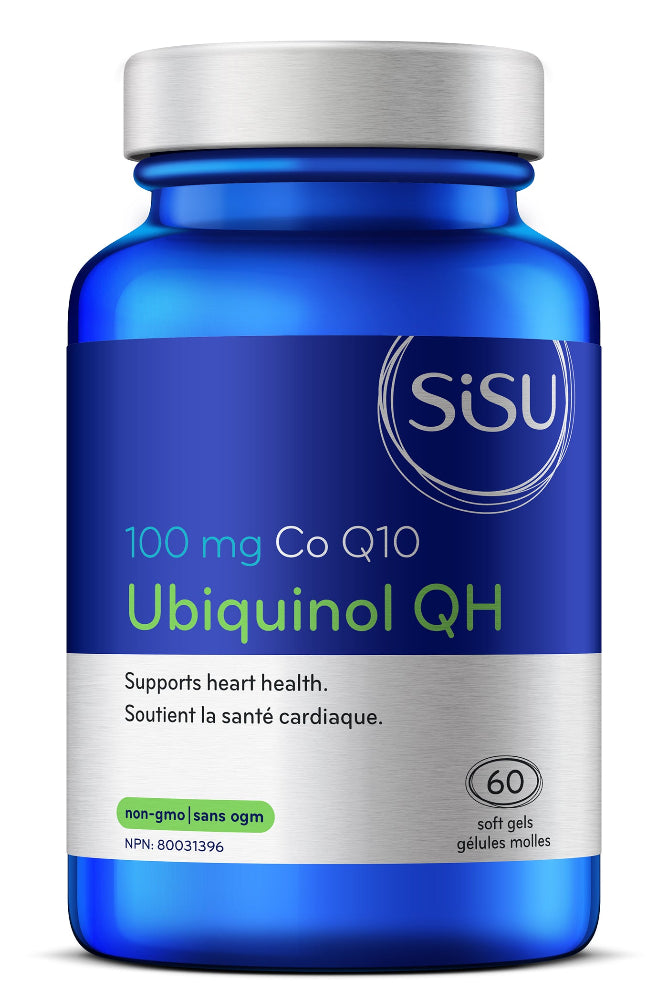 A blue bottle of Sisu Ubiquinol QH Co Q10 100mg supplement with 60 softgels. The label indicates it supports heart health and has antioxidant properties.