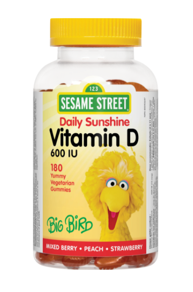 Sesame Street Vitamin D3 600 IU-Mixed berry, Peach and Strawberry, 180 gummies Bird Bird on Canadian label